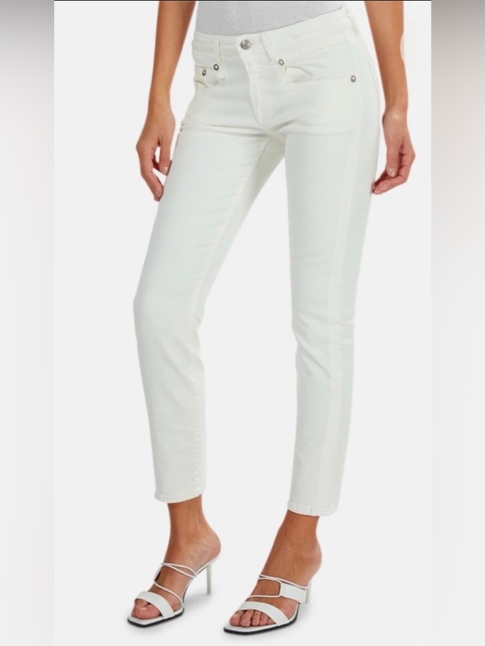 R13 Boy Skinny Mid Rise Jeans 24 White Riot | Distressed Slim Fit Designer Denim